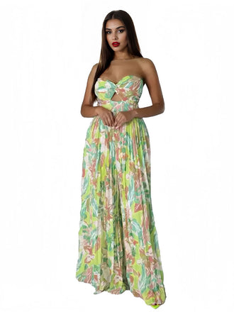 Combinaison verte fleur plissée creuse sans bretelles années 1960