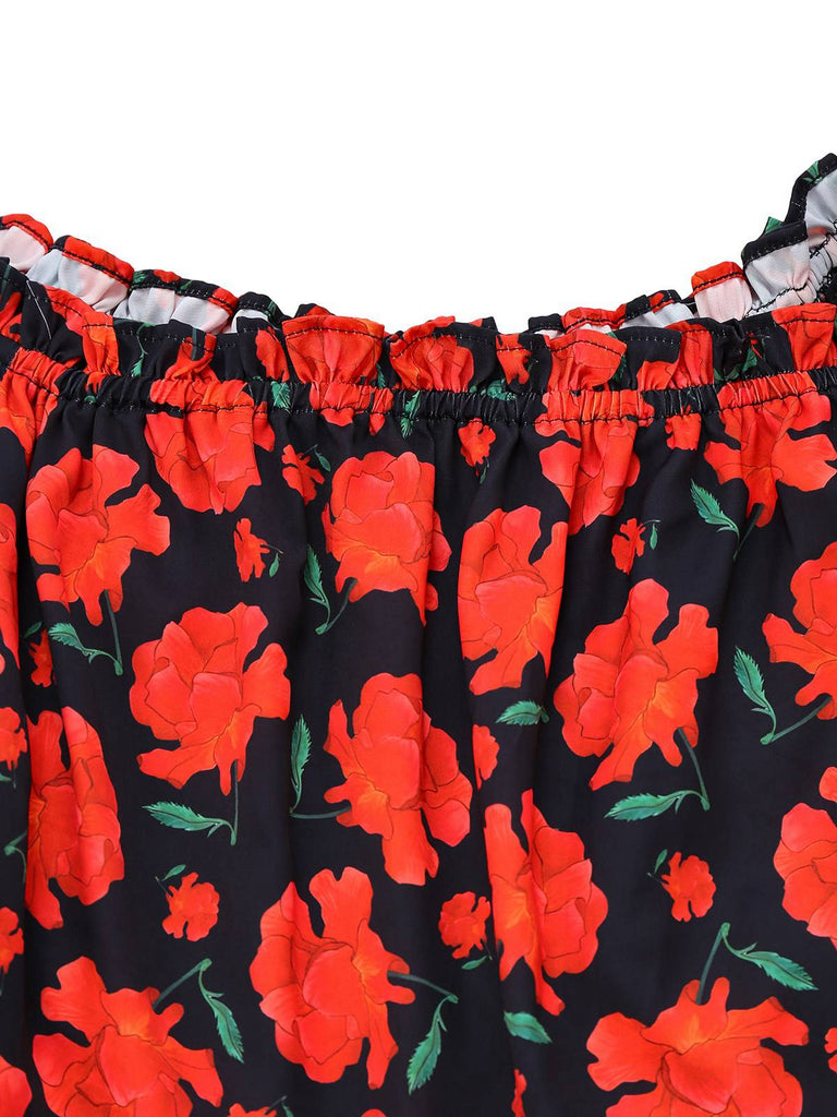 [Prévente] Combinaison rouge motif rose et épaules dénudées années 1930