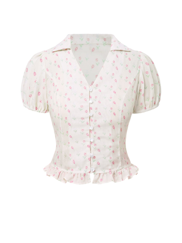 [Prévente] Chemisier rose tulipe à volants et col en V années 1940