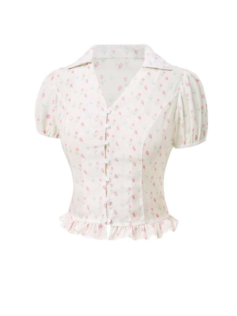 [Prévente] Chemisier rose tulipe à volants et col en V années 1940
