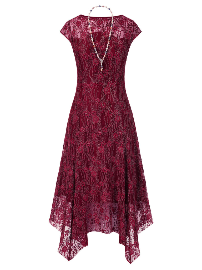 [Prévente] Robe rouge foncé fleurie avec collier années 1920