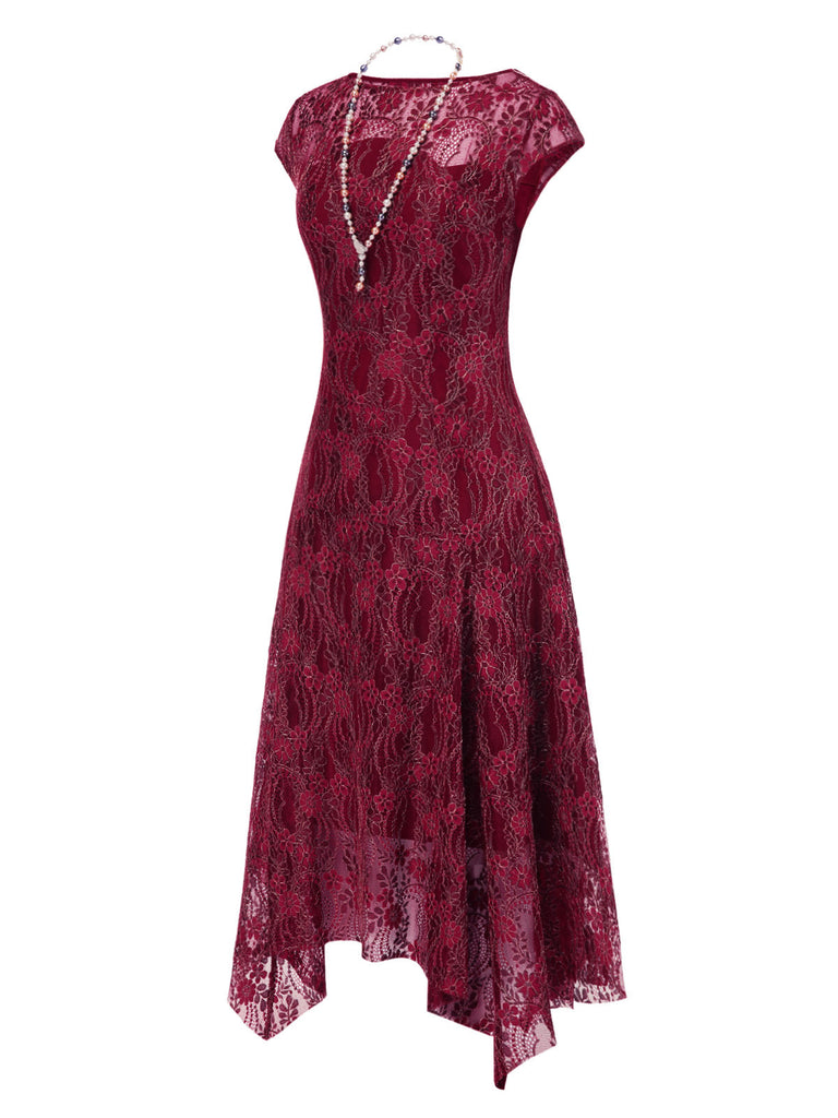 [Prévente] Robe rouge foncé fleurie avec collier années 1920