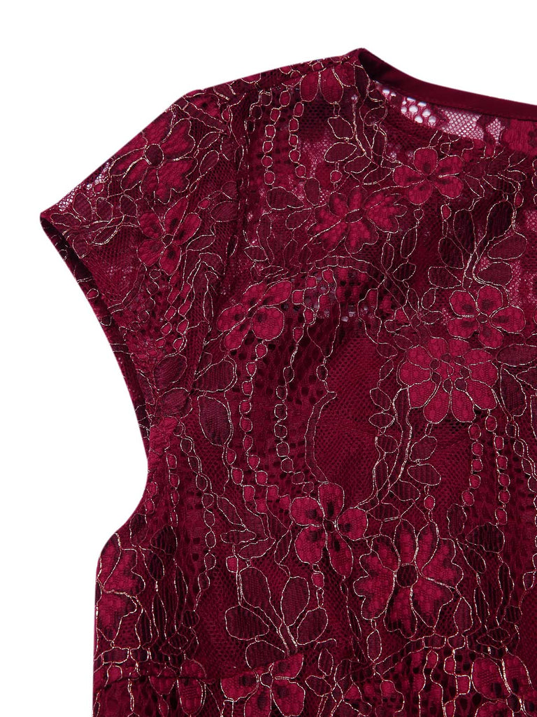 [Prévente] Robe rouge foncé fleurie avec collier années 1920