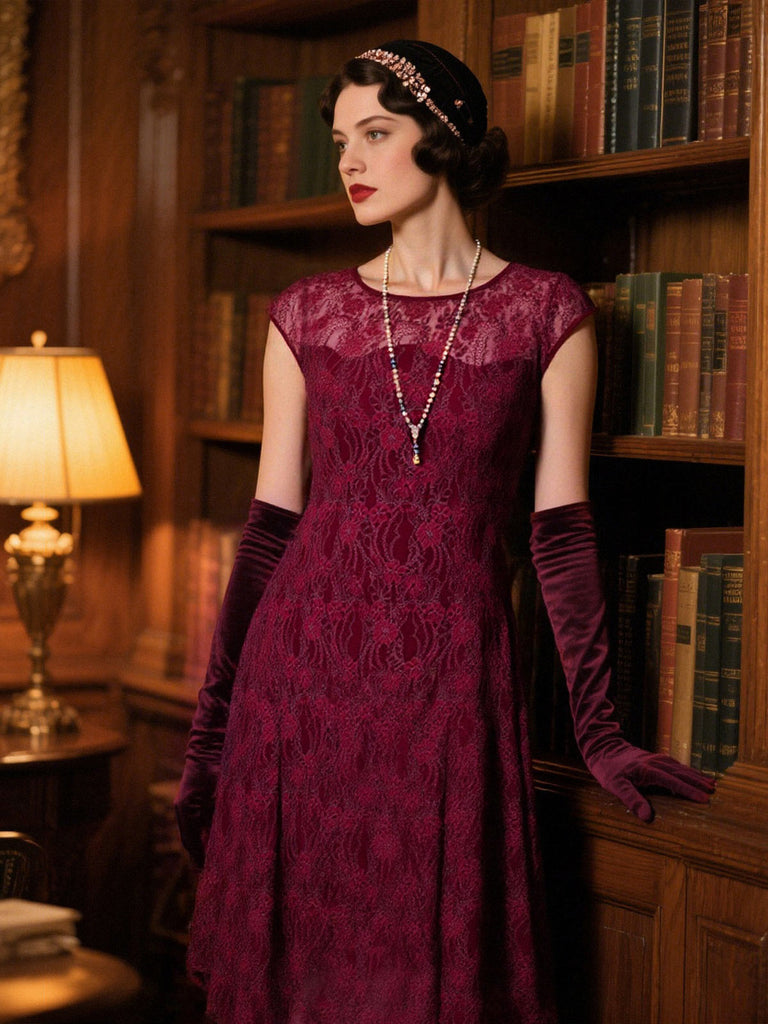 [Prévente] Robe rouge foncé fleurie avec collier années 1920