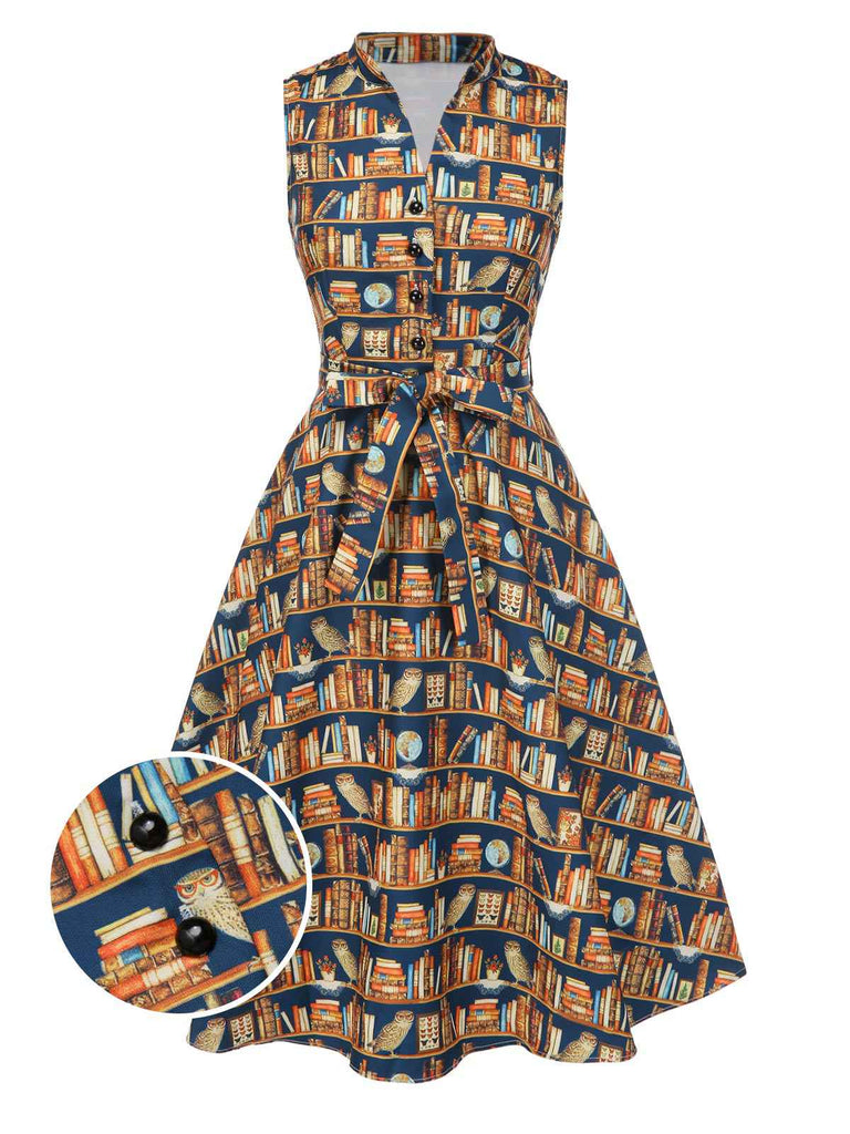 Robe multicolore lacets et imprimé bibliothèque années 1950