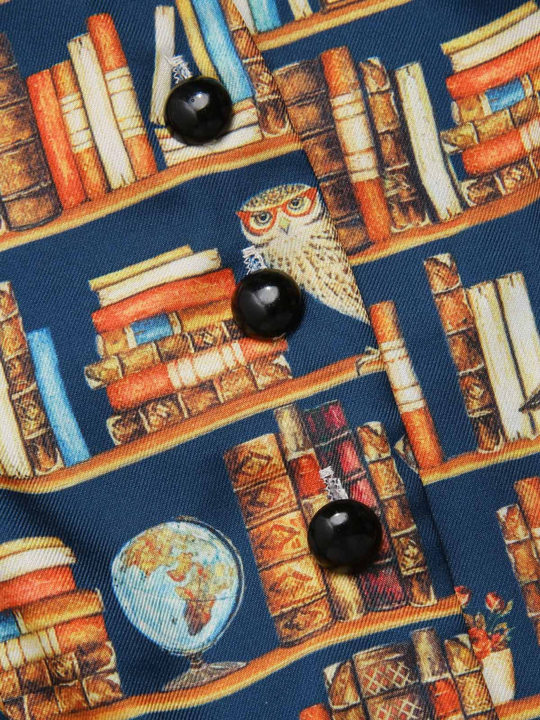Robe multicolore lacets et imprimé bibliothèque années 1950