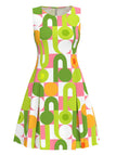 Robe droite verte géométrique à col rond années 1960
