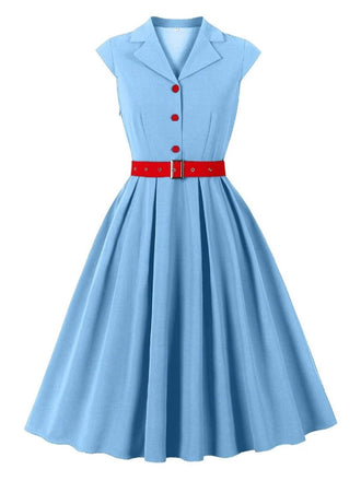 Robe bleue à manches courtes et revers ceinture années 1950