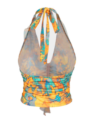 Haut froncé jaune dos nu motif flammes des années 1960