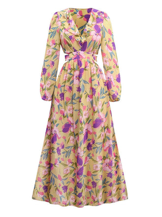 Robe jaune fleur à volants et col en V profond années 1930