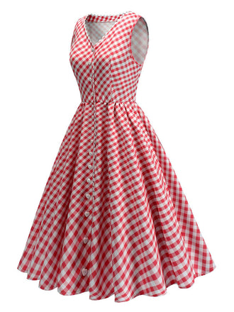 Robe rouge à carreaux vichy et col en V des années 1950