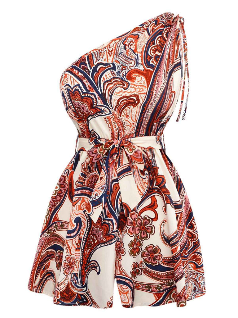 Combishort rouge bohème à fleurs asymétrique années 1970