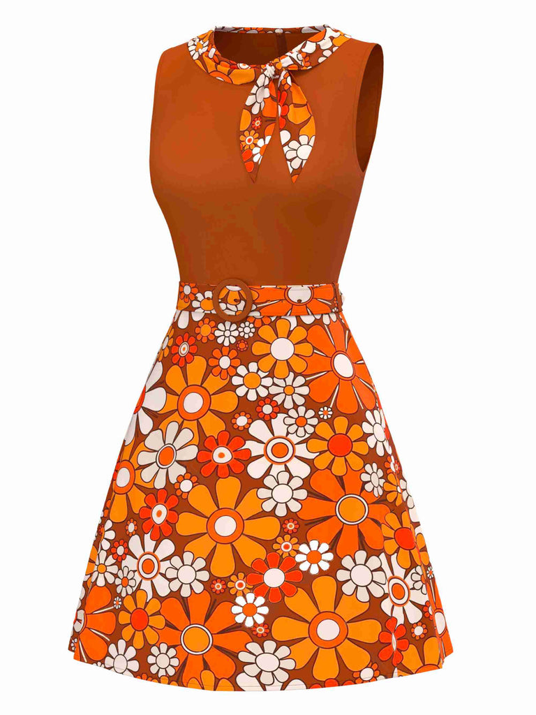 [Prévente] Robeà fleurs bohème psychédélique orange avec ceinture années 1960