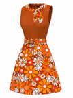 Robeà fleurs bohème psychédélique orange avec ceinture années 1960