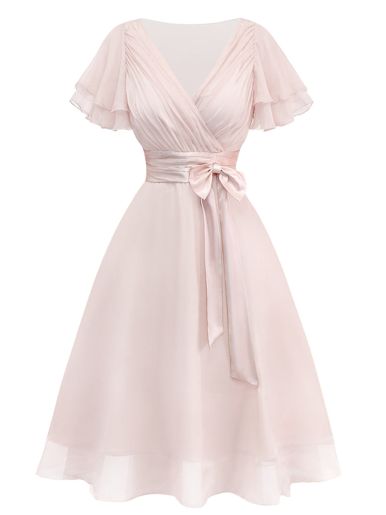 [Prévente] Robe Cocktail en Satin avec Ceinture et Tulle Rose Années 1950