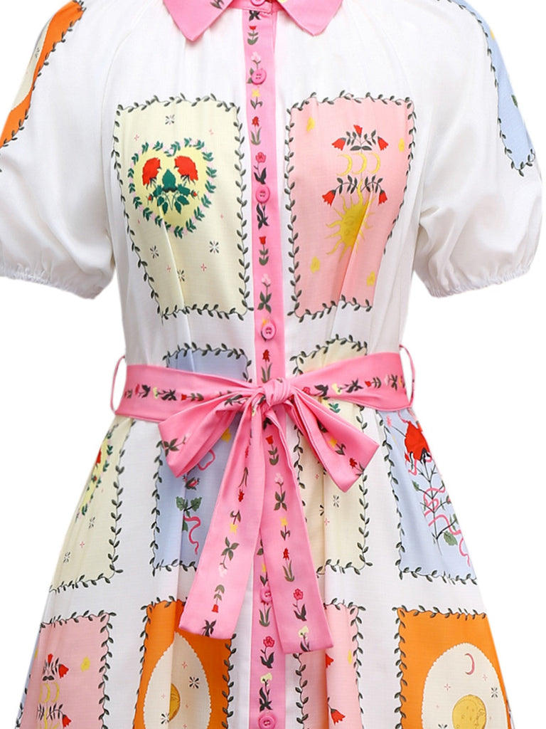 Robe ceinturée multicolore fleurs motif soleil et lune des années 1930