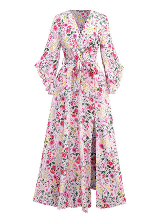 Robe fleurie rose manches volantées col V des années 1940