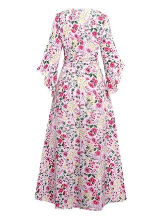 Robe fleurie rose manches volantées col V des années 1940