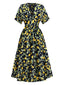 Robe en mousseline de soie jaune citron col V et smocks des années 1950