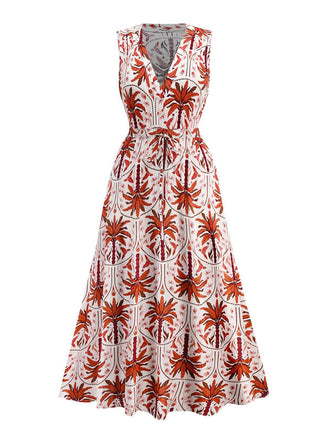 Robe rouge plantes tropicales et revers années 1970