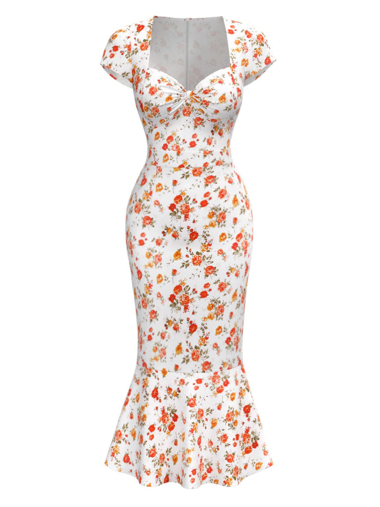 [Prévente] Robe sirène imprimé roses col en cœur multicolore des années 1930