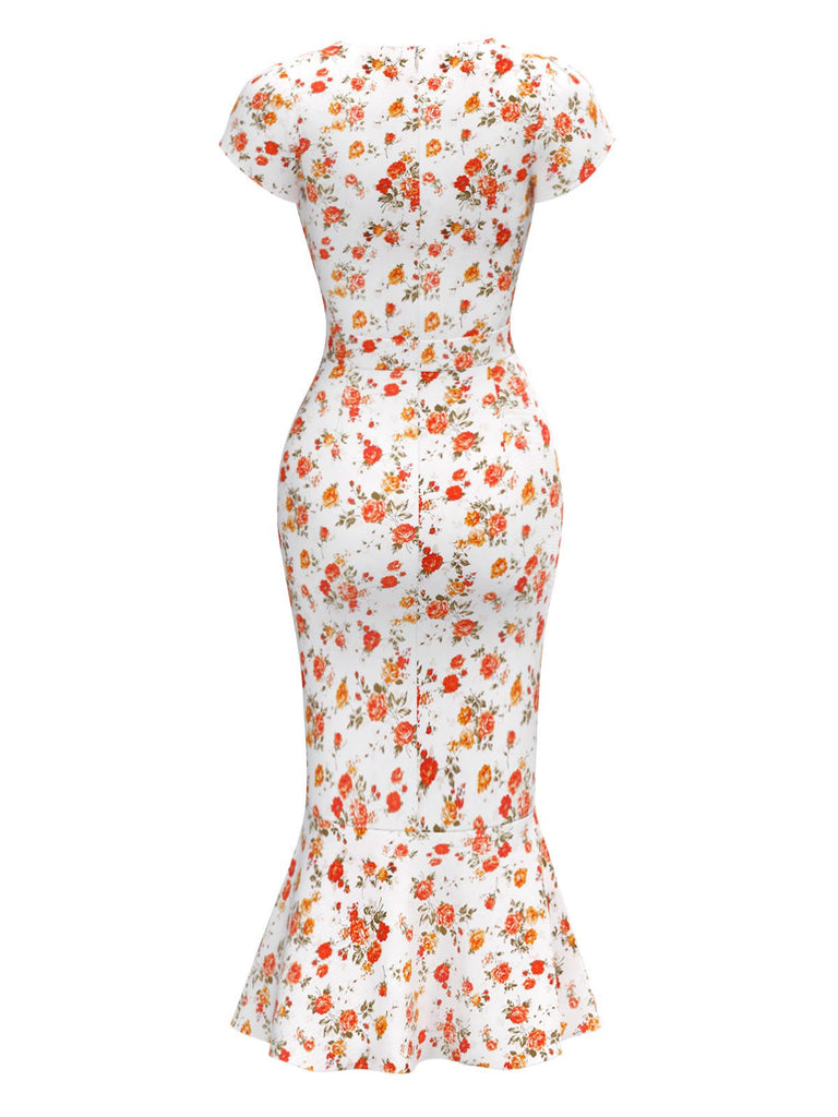 [Prévente] Robe sirène imprimé roses col en cœur multicolore des années 1930