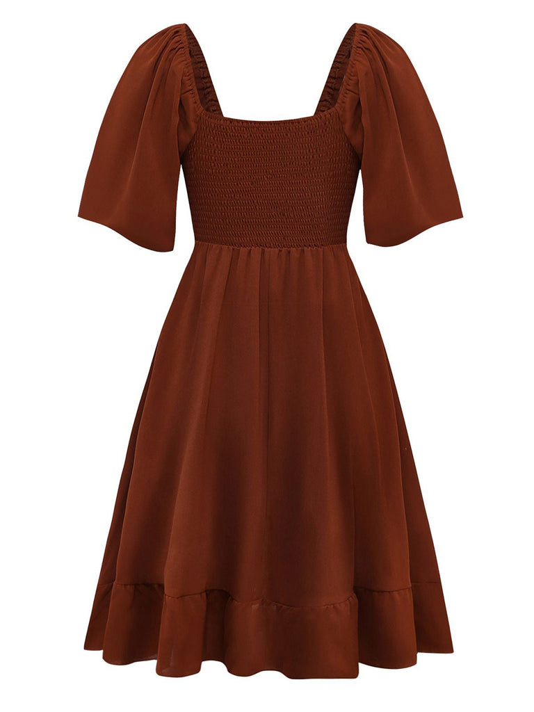 Robe marron broderies fleur à volant sannées 1950