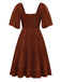 Robe marron broderies fleur à volant sannées 1950
