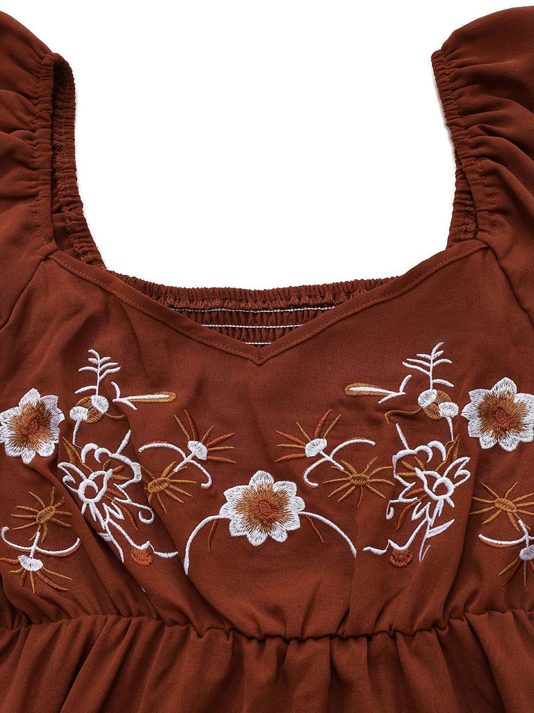 Robe marron broderies fleur à volant sannées 1950