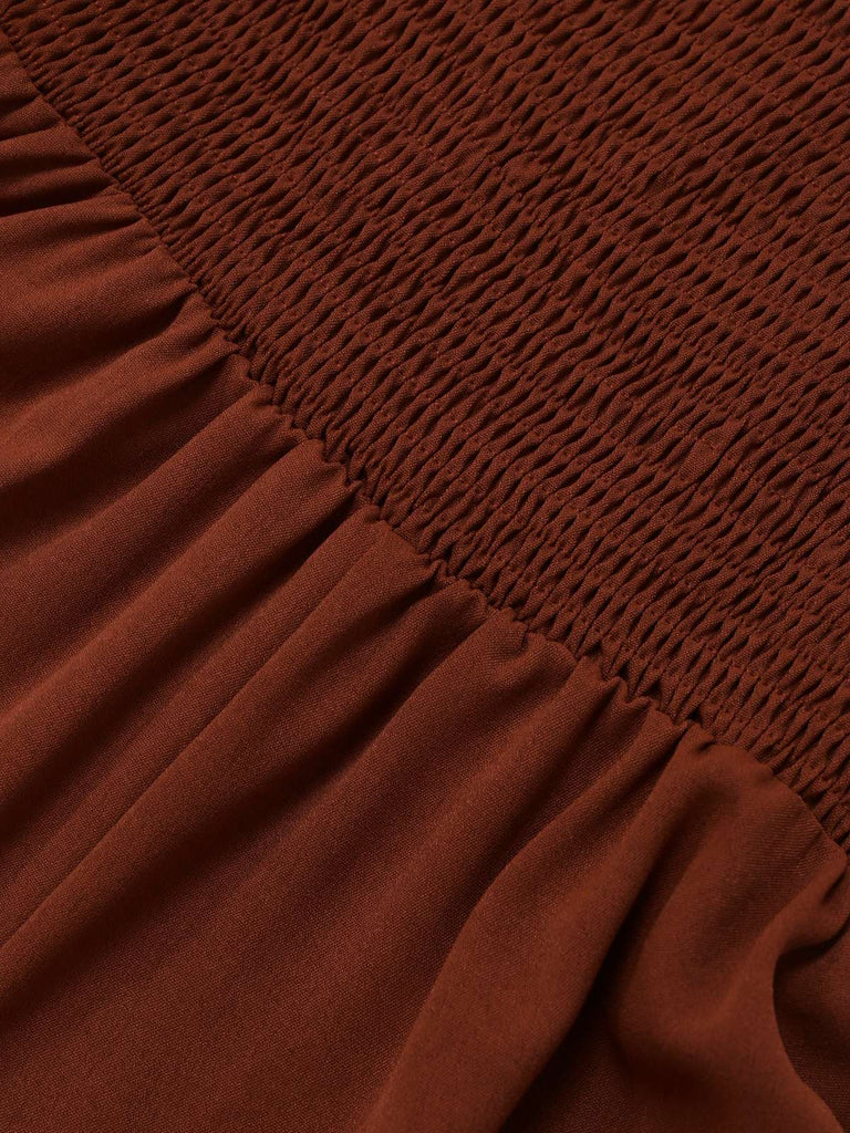 Robe marron broderies fleur à volant sannées 1950