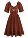 Robe marron broderies fleur à volant sannées 1950
