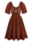 Robe marron broderies fleur à volant sannées 1950
