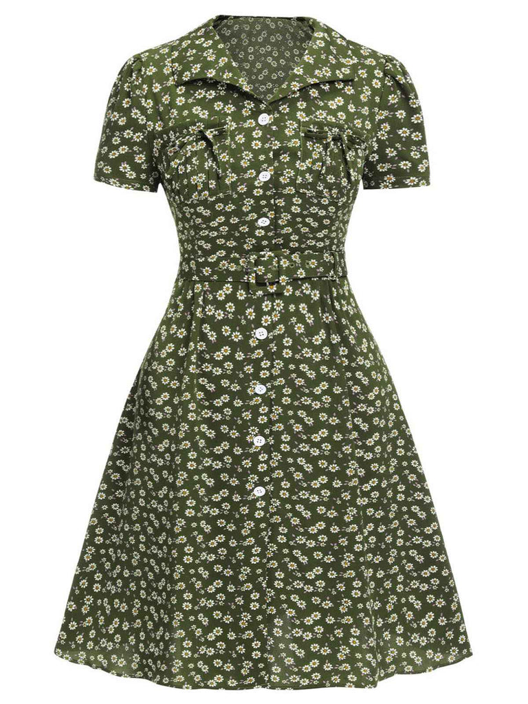 [Prévente] [Grande taille] Robe marguerite à boutons revers vert des années 1950