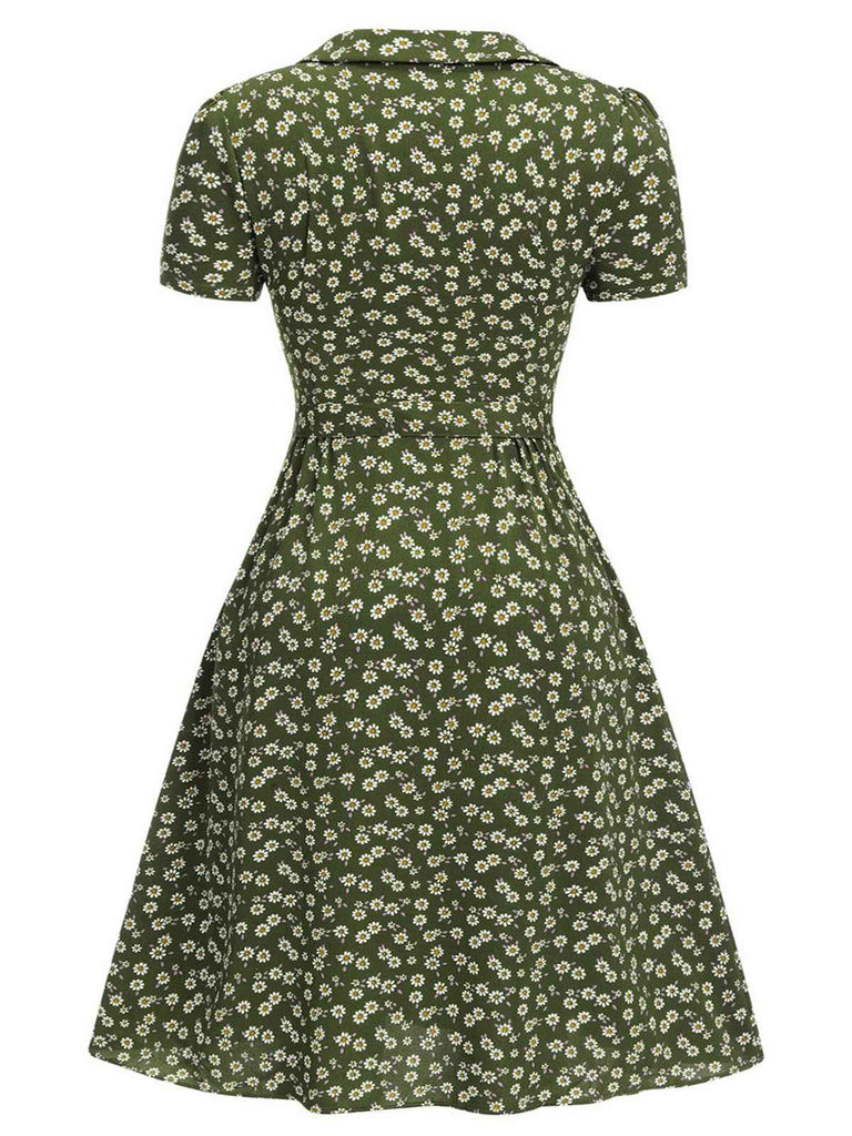 [Prévente] [Grande taille] Robe marguerite à boutons revers vert des années 1950