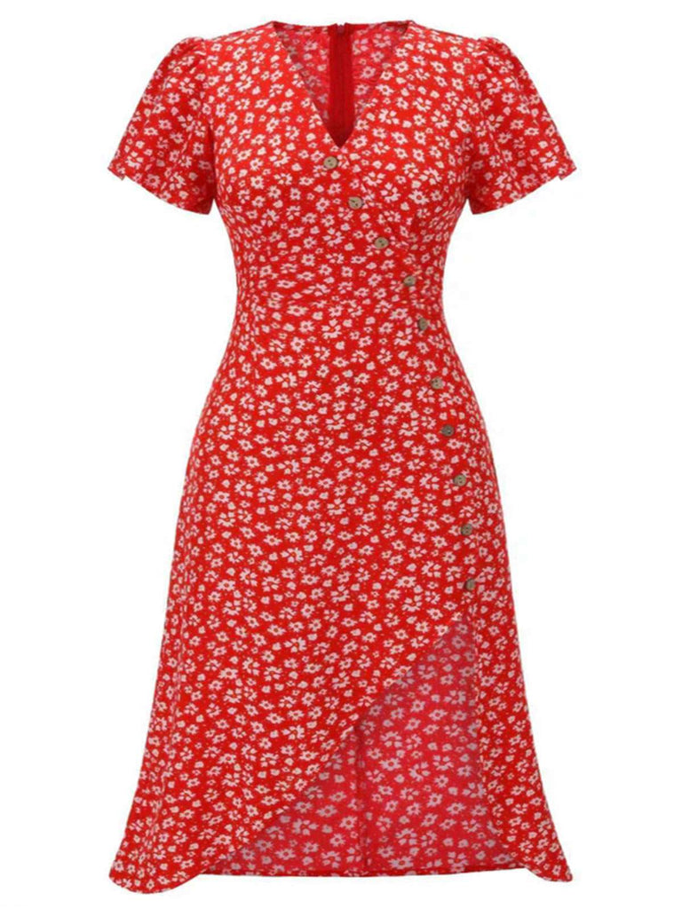 [Prévente] [Grande taille] Robe rouge col V à fleurs boutons des années 1940
