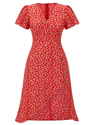 [Grande taille] Robe rouge col V à fleurs boutons des années 1940