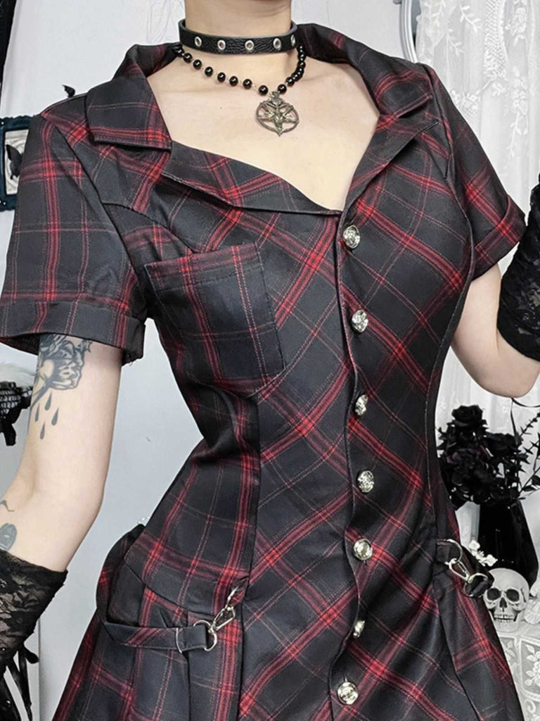 Robe trapèze vin rouge à carreaux style punk années 1960
