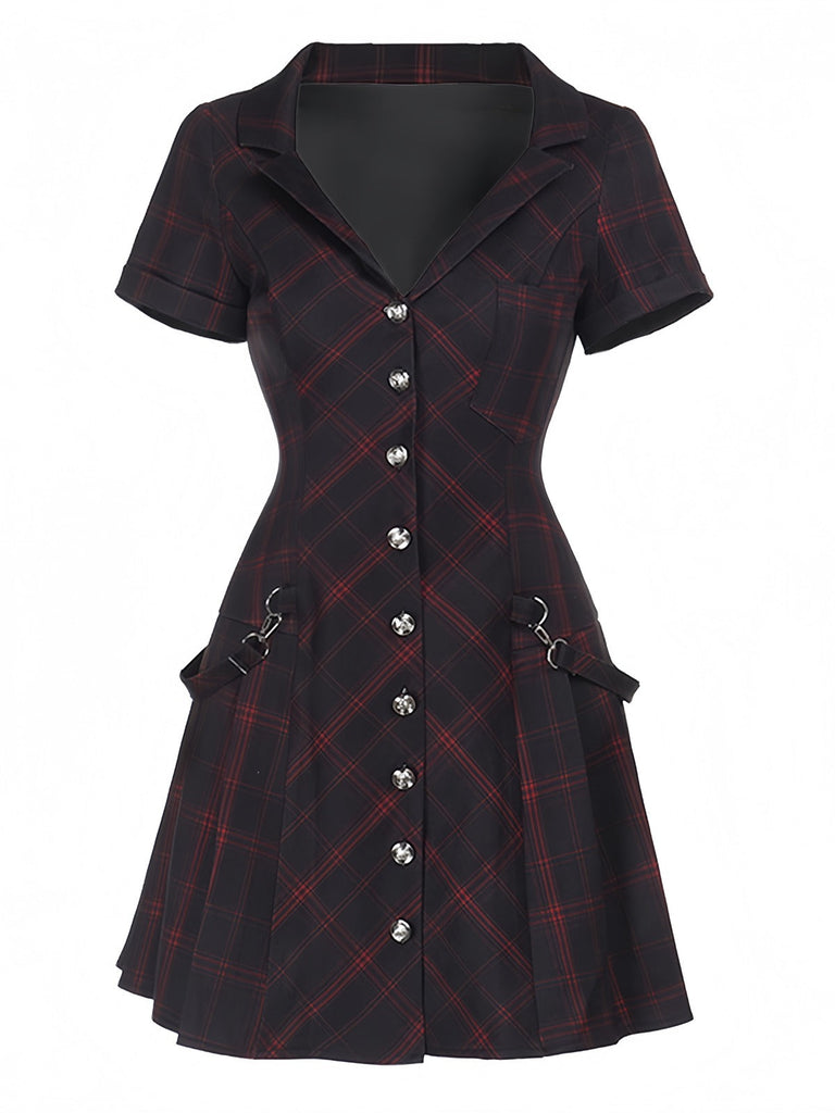 Robe trapèze vin rouge à carreaux style punk années 1960