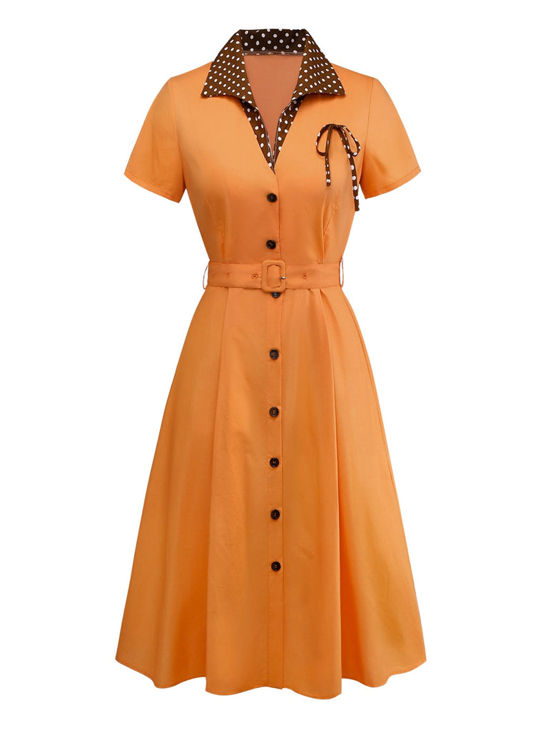 [Prévente] Robe orange à pois en coton et revers années 1940