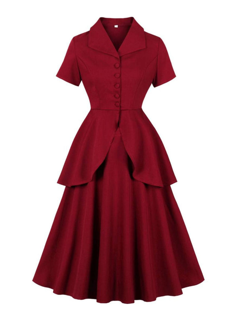 2PCS Haut et jupe boutonnés à volants rouges années 1950
