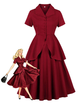 2PCS Haut et jupe boutonnés à volants rouges années 1950