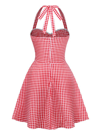 Robe rouge à carreaux et poches en forme de cœur, style années 1950