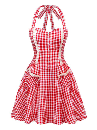 Robe rouge à carreaux et poches en forme de cœur, style années 1950