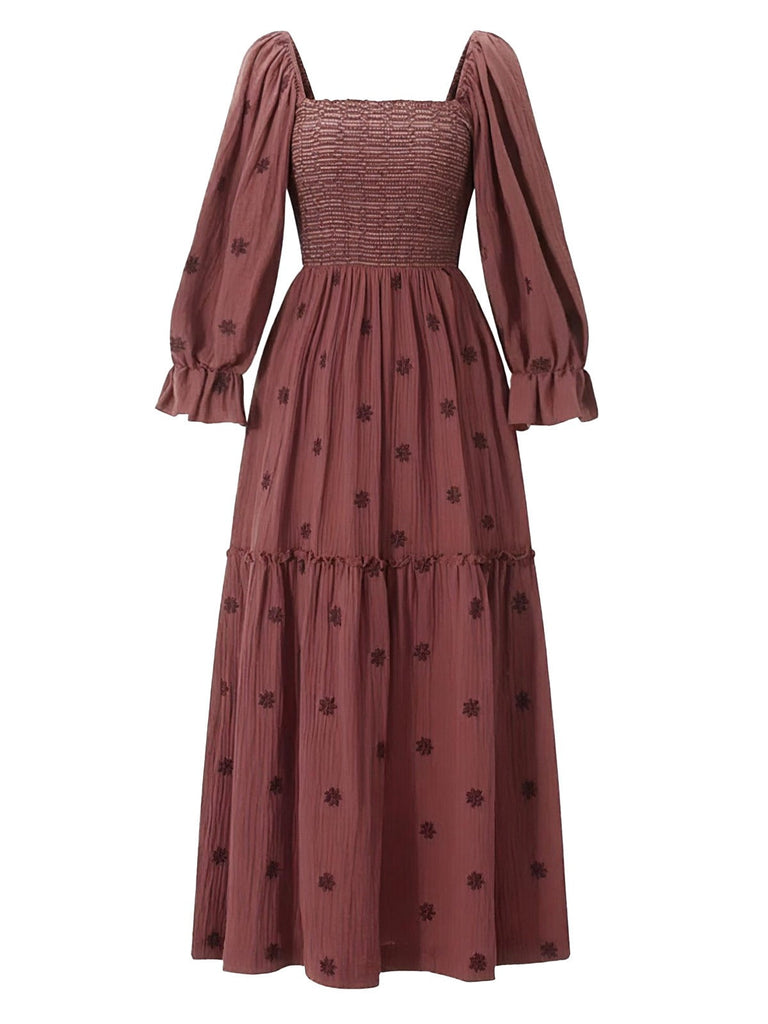 Robe manches lanterne brodées de fleurs des années 1940