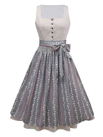 2PCS Robe beige à rayures verticales et tablier fleuri des années 1950