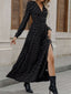 Robe fendue en dentelle noire col en V et nœud en feuille d'or des années 1930