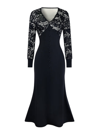 Robe sirène noire en dentelle florale col en V des années 1930