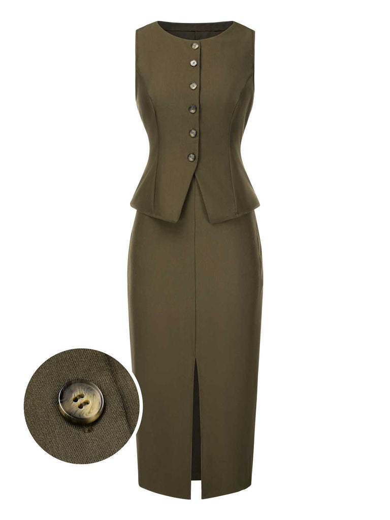 [Prévente] 2PCS Gilet vert olive et jupe crayon années 1960