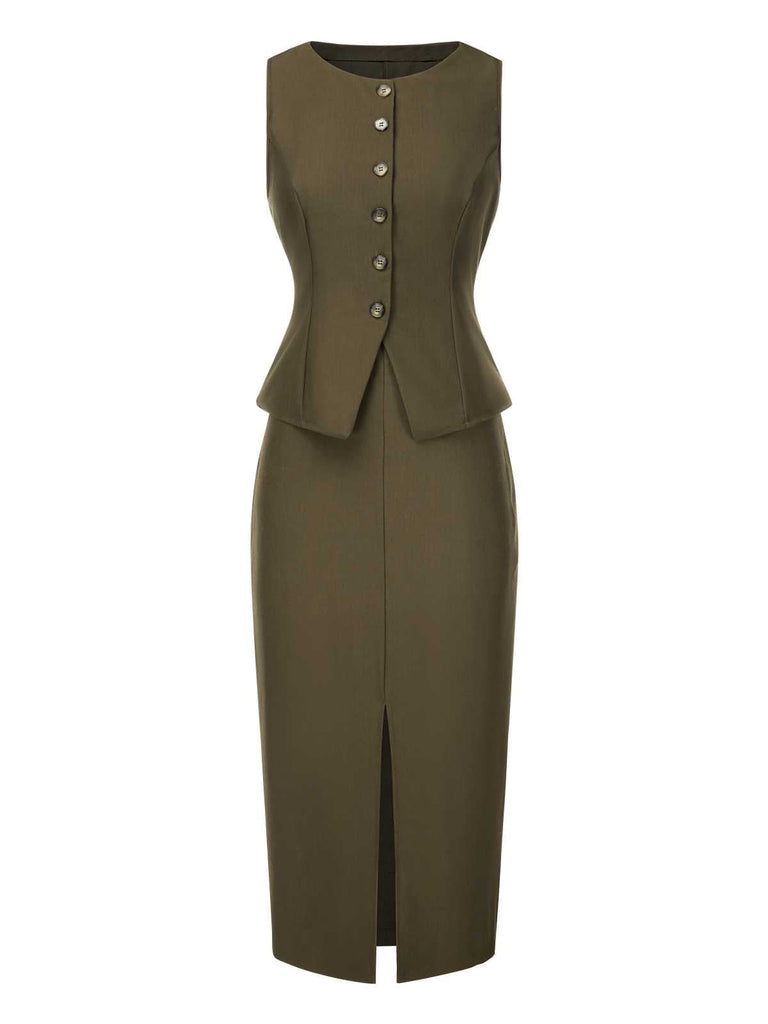 [Prévente] 2PCS Gilet vert olive et jupe crayon années 1960