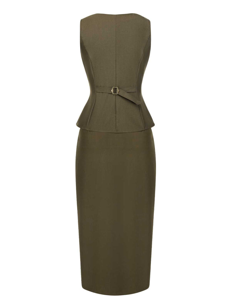 [Prévente] 2PCS Gilet vert olive et jupe crayon années 1960